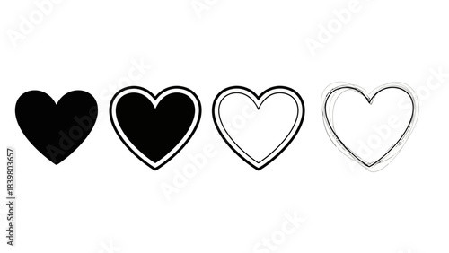 Set of four hearts: filled, outlined, and sketched styles, vector graphic