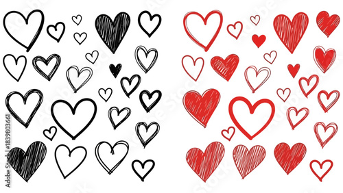 Diverse Collection of Hand-Drawn Hearts in Black and Red, Isolated on White