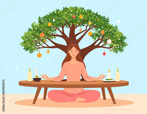A woman meditates peacefully at a table set with candles and offerings, seated under a magically decorated tree. A serene scene of spiritual celebration.