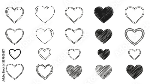 Diverse Collection of Heart Icons in Various Styles and Fill Options