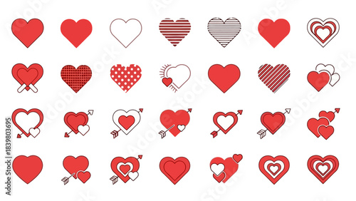 Diverse Collection of Red and Outline Hearts for Valentine's Day and Love Concepts