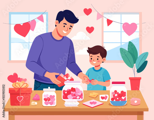 A father and son share a happy moment, filling jars with paper hearts for Valentine's Day. A sweet scene of family bonding and crafting together.