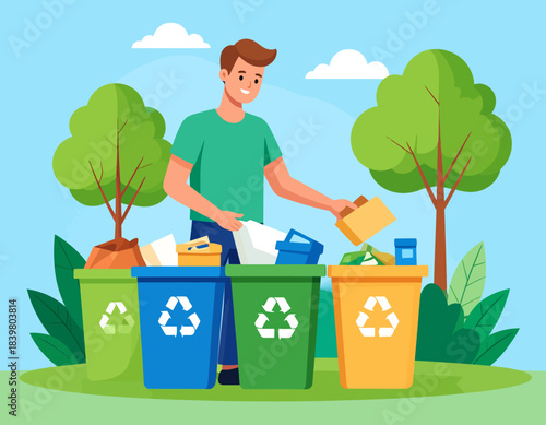 A man responsibly sorts waste into different recycling bins in a park. This illustrates an eco-friendly lifestyle and commitment to protecting the environment.