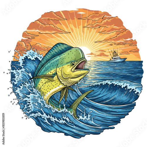 Mahi-Mahi dorado fish jumping out of the ocean at sunset with a fishing boat in the background