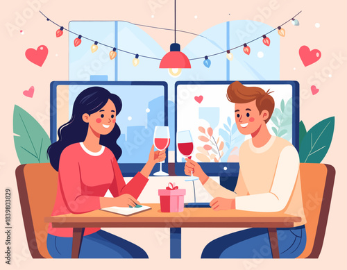 A couple celebrating a romantic virtual date with wine and a gift, surrounded by festive decorations.