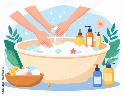 Illustration of hands washing in a large bowl with soapy water and bath products.