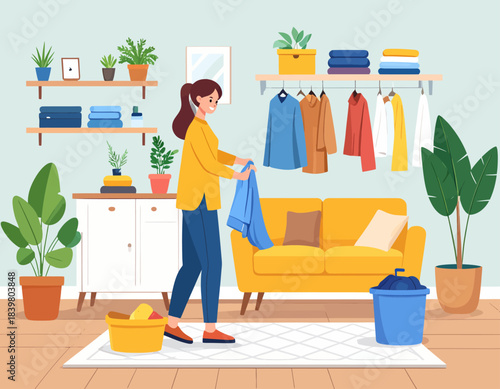 A woman is folding laundry in a tidy living room with a yellow sofa, plants, and clothes racks.