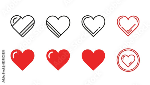 Set of Eight Different Heart Icons in Outline and Solid Red Styles