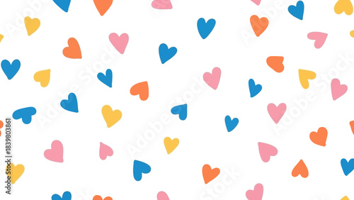 Colorful Hand-Drawn Hearts Seamless Pattern on White Background, Cute & Playful