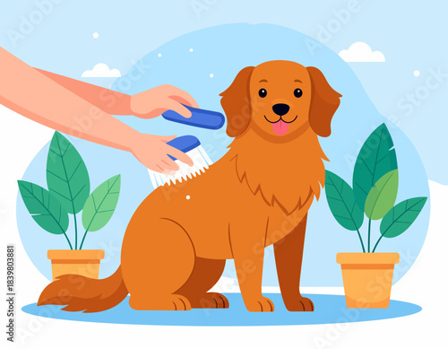A person's hands gently brushing the fur of a happy golden retriever dog, with potted plants in a bright outdoor setting.