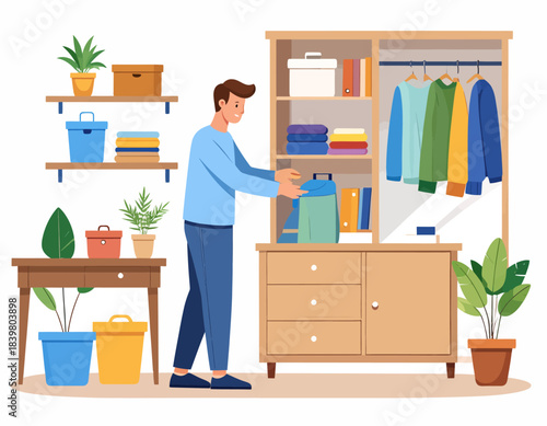 A man organizing his home by tidying up a wooden cabinet and shelves in a well-arranged room.