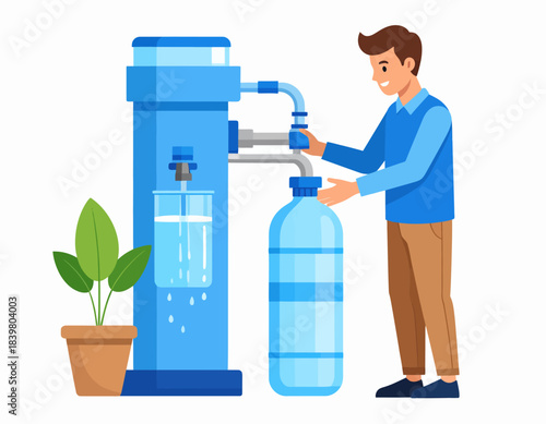A man fills a large reusable bottle from a water purification system. An eco-friendly choice for staying hydrated and reducing plastic waste.
