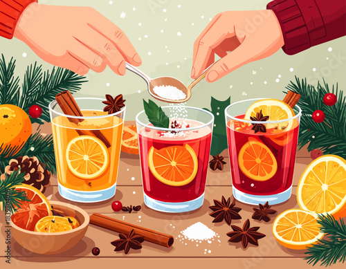 Hands prepare festive mulled wine, adding sugar and spices. A cozy, aromatic scene of making warm winter drinks for a holiday celebration.