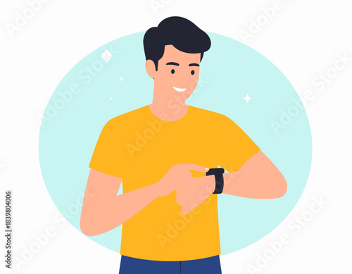 A smiling man checks his smartwatch, a modern gadget for tracking time, fitness, and notifications. A symbol of technology and efficiency.