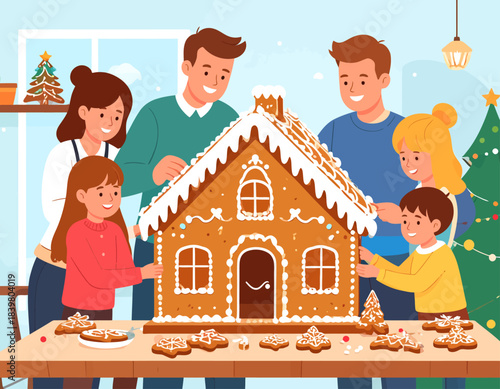 A happy family with two sets of parents and two children joyfully decorates a large gingerbread house for Christmas. A sweet holiday tradition.
