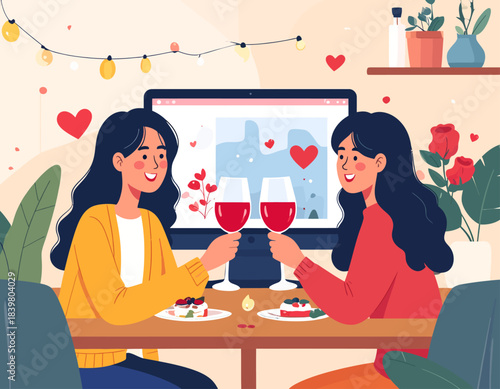 Two women enjoy a romantic virtual date, toasting with red wine over a video call. Hearts and cake complete the lovely, modern celebration.