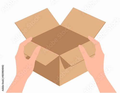 Hands are shown opening an empty cardboard box. A simple, clean illustration representing delivery, moving, or the anticipation of a surprise.