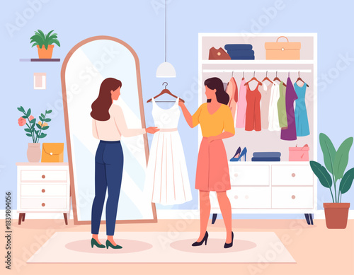 Two friends have fun choosing an outfit in a stylish bedroom. One holds a white dress up to the mirror, getting a friend's opinion.