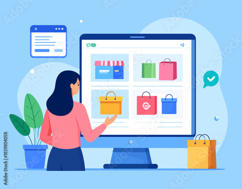 A woman shops online, browsing different products on her computer screen. A simple illustration of modern e-commerce and digital retail.