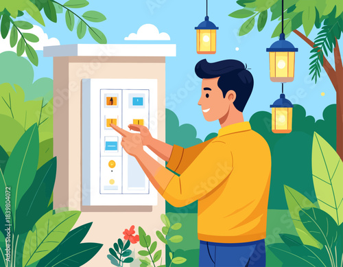 A man uses a smart home control panel in his garden. He controls the outdoor lighting, blending technology with nature for modern living.