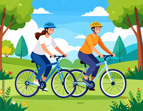Two smiling women enjoy a bike ride together in a beautiful park. A healthy and active outdoor lifestyle shared between friends.