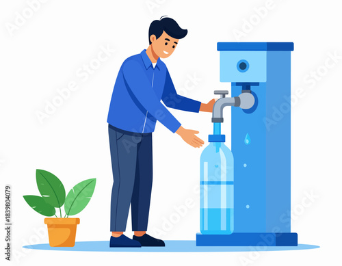 A man fills a reusable bottle with fresh water from a dispenser. A simple, smart choice for hydration and environmental sustainability.