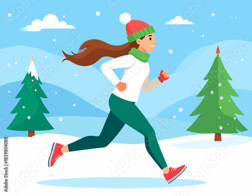 A woman enjoys a healthy run in a snowy park. Dressed warmly in a hat and scarf, she stays active and fit during the beautiful winter season.