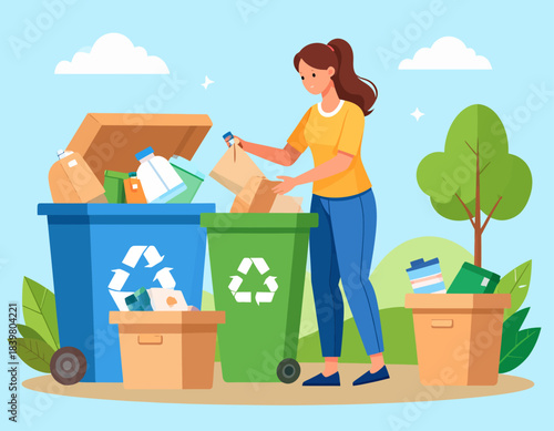 A woman responsibly sorts waste into different recycling bins outdoors. Her actions promote environmental conservation and a sustainable lifestyle.