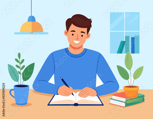 A smiling man writes in a journal at his desk, surrounded by plants and books. A calm and productive scene of studying, writing, or learning.