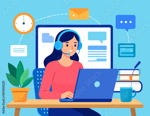 A woman with a headset works on her laptop at a desk. Icons for email and chat float around, showing a busy remote work or customer service role.