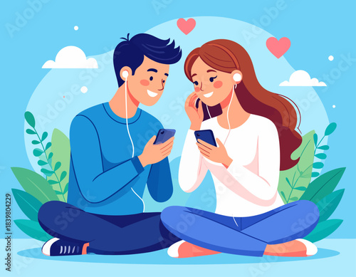 A happy couple shares music with earphones, smiling as they listen on their smartphones. A sweet illustration of modern love and connection.