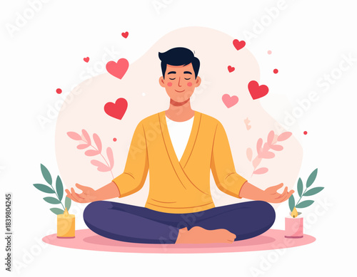 A man meditates peacefully in the lotus position, surrounded by floating hearts. A serene depiction of self-love, mindfulness, and inner peace.