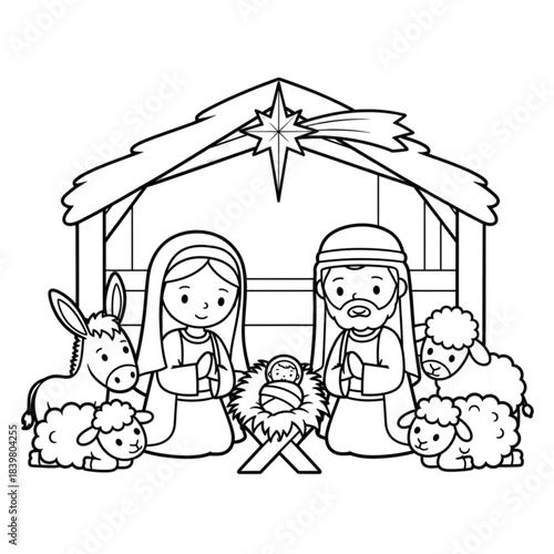 Adorable Cartoon Nativity Scene Coloring Page with Holy Family.
