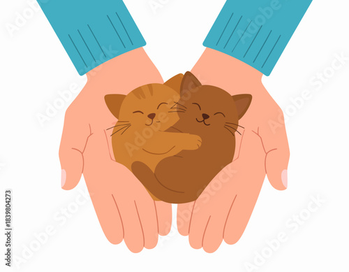 Cupped hands gently hold two adorable kittens snuggled together. A heartwarming illustration of love, care, and the safety of animals.