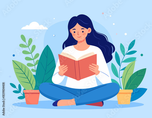 A serene young woman with dark hair sitting cross-legged, engrossed in reading a book amidst lush green potted plants and floating leaves.