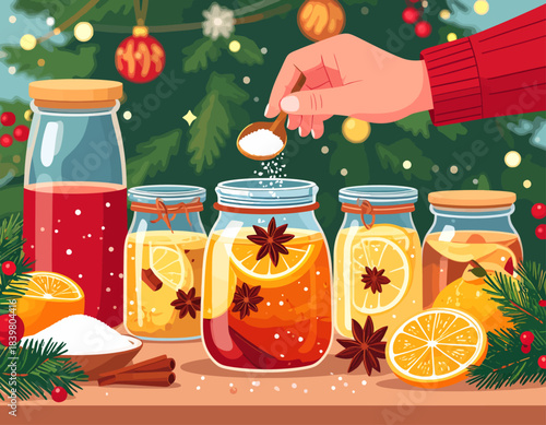 A hand adding sugar to a festive jar of spiced orange and cinnamon drink, surrounded by other holiday preserves and Christmas decorations.