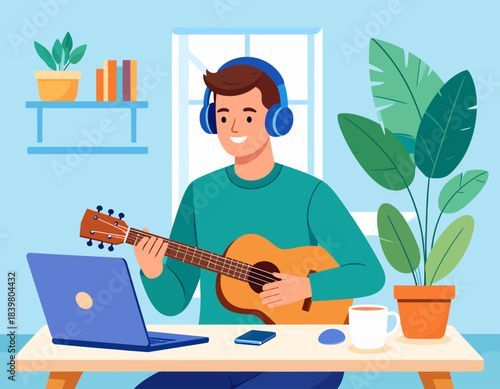 Young man wearing headphones playing acoustic guitar while looking at a laptop at home, enjoying music and leisure.