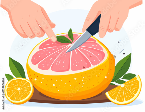 Hands cutting a large pink grapefruit with a knife on a wooden board, with additional citrus slices.