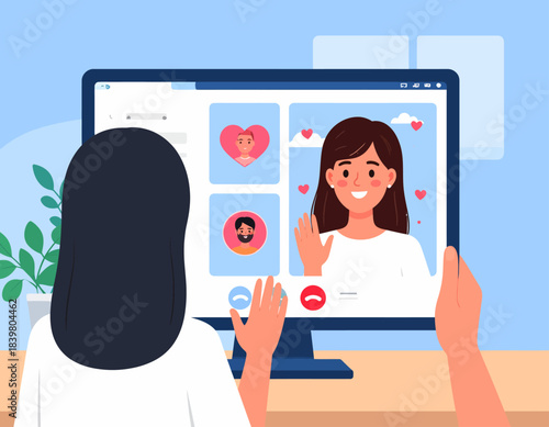 Woman having a video call on a computer monitor, connecting with friends or loved ones online.