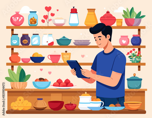 A man in a blue shirt holding a tablet, standing in front of shelves stocked with colorful kitchenware, pottery, and food items, possibly managing inventory.