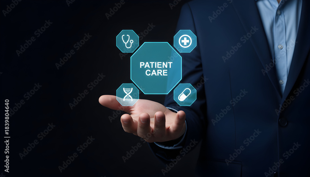 Fototapeta premium Professional holding patient care hologram for healthcare management concept.