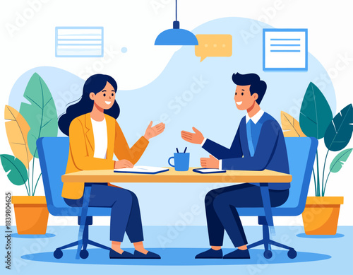 Two professionals, a man and a woman, engaged in a business meeting or interview at a table in a modern office setting.