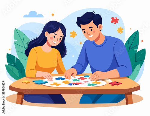 A happy couple enjoying their leisure time by assembling a colorful jigsaw puzzle together at a wooden table.