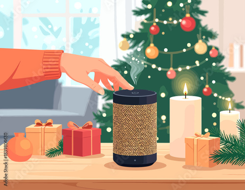 A hand interacting with an essential oil diffuser or smart speaker on a table with Christmas decorations, including a tree, gifts, and candles.