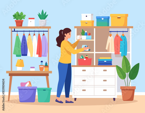 A woman organizing her wardrobe, neatly arranging clothes, boxes, and various items on shelves and hangers in a tidy room.
