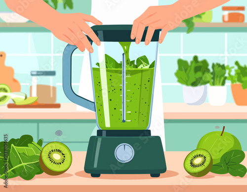 Hands preparing a healthy green smoothie in a blender with fresh fruits and vegetables in a kitchen setting.