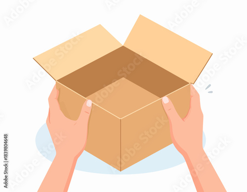 Two human hands holding an open, empty brown cardboard box, ready for packing or unpacking.