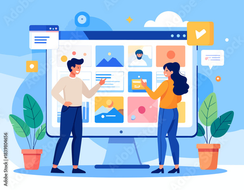 Two people collaborating on a large computer screen, managing digital content and web design elements.