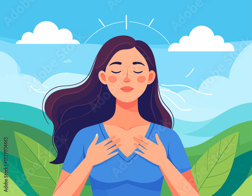 An illustration of a serene woman with closed eyes, hands on her chest, practicing mindfulness or deep breathing in a peaceful natural setting.