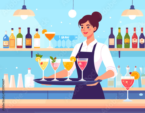 A bartender carries a tray of colorful cocktails in a bright bar filled with bottles and glassware. She smiles while serving drinks in a lively and modern setting.